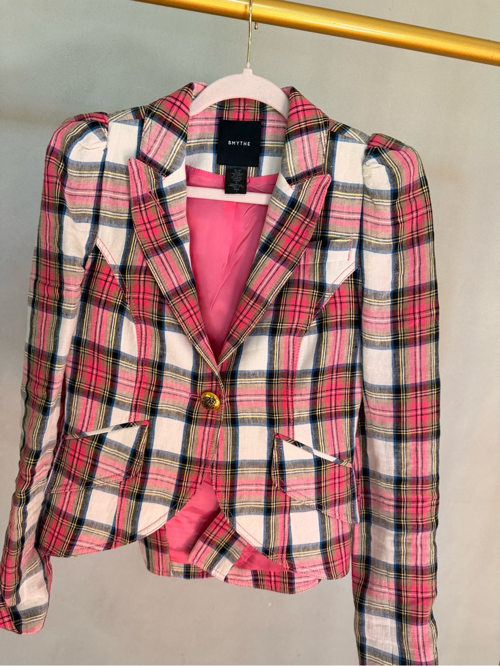 Smythe Pink Plaid Single-Button Tailored Blazer